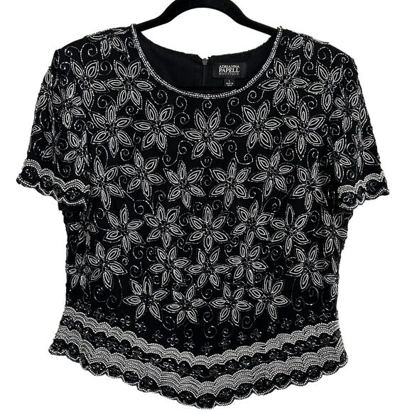 Adrianna Papell Silk Beaded Top L Black Evening Cocktail Scalloped Hem Formal - Picture 1 of 16
